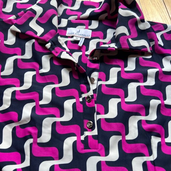 Jude Connally Size S Pink Navy Blue Geometric Print Long Sleeve Polo Shirt Top - Picture 6 of 10